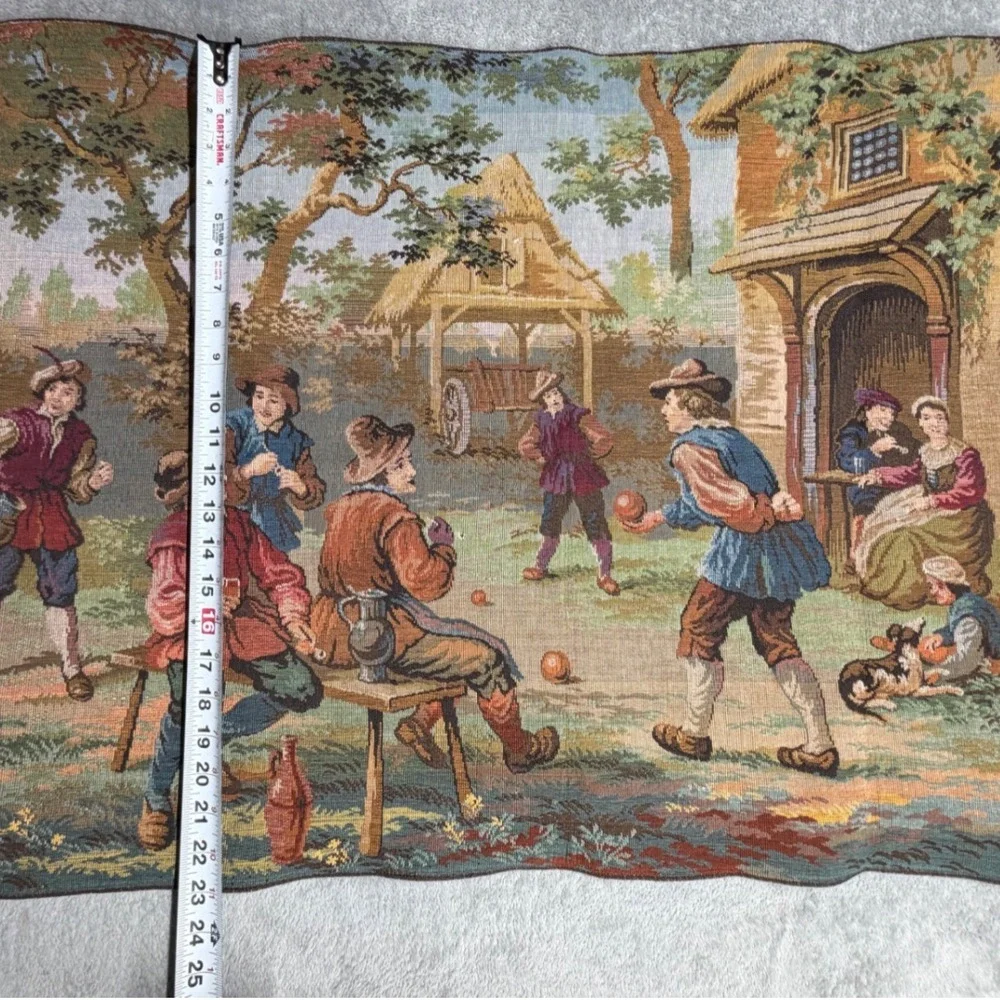 Vintage Woven Wall Tapestry Village Life Lawn Bowls Tavern Scene 32x23 Red Back